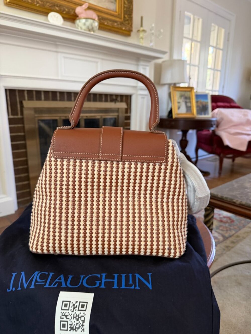 J. McLaughlin Brown leather & Cream woven Bag - New - Picture 3 of 9